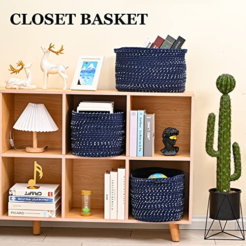 HOMHOLDON Cotton Rope Storage Baskets for Organizing, 15"x10"x9" Set of 1 Woven Basket for Storage, Shelf Basket Cube Storage Bins for Bathroom,Bedroom,Living Room,Laundry,Nursery Room,Clothes,Towels,Toys,Blanket(Spotted Blue)