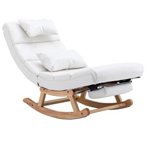 nioiikit modern rocking lounge chair, upholstered glider chair for nursery, accent rocker chair with large back & pull out pedal, lie or sleep lazy chair for living room, bedroom, balcony (white pu)