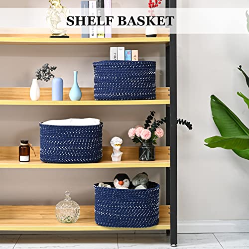 HOMHOLDON Cotton Rope Storage Baskets for Organizing, 15"x10"x9" Set of 1 Woven Basket for Storage, Shelf Basket Cube Storage Bins for Bathroom,Bedroom,Living Room,Laundry,Nursery Room,Clothes,Towels,Toys,Blanket(Spotted Blue)