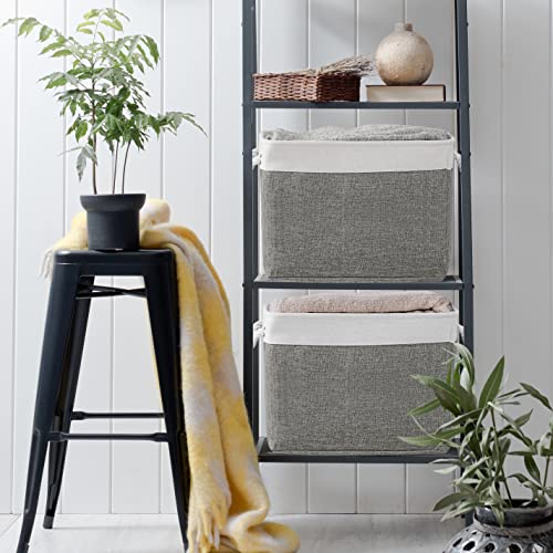 Organization and Storage Basket for Organizing - 16x12x12 inch Large 2 Pack Collapsible Storage Bins for Shelves, Fabric Storage Cubes for Box Closet Cloth Toy Nursery Books Kids (White & Grey)