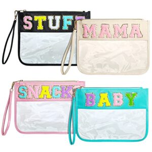 4 pcs chenille letter pouch flat nylon clear snack bags flat multipurpose zipper makeup bag for travel toiletry bag water-proof cosmetic pouch for women teen girls (simple style)