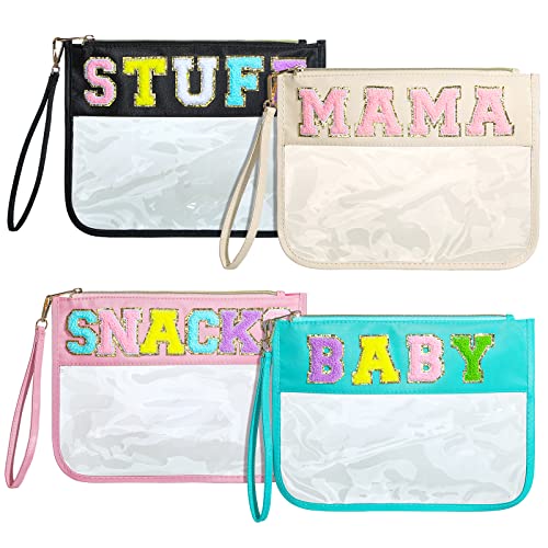 4 Pcs Chenille Letter Pouch Flat Nylon Clear Snack Bags Flat Multipurpose Zipper Makeup Bag for Travel Toiletry Bag Water-proof Cosmetic Pouch for Women Teen Girls (Simple Style)