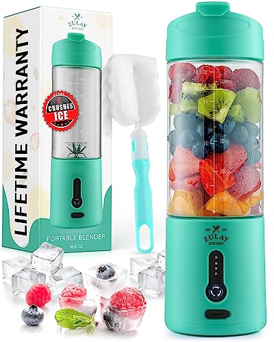 Zulay Kitchen 18 oz Personal Blenders that Crush Ice - USB-C Rechargeable, Cordless Travel Blender - Portable Smoothie Blender On the Go, Frozen Fruits, & Veggies with 6 Sharp Blades (Aqua)