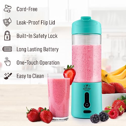 Zulay Kitchen 18 oz Personal Blenders that Crush Ice - USB-C Rechargeable, Cordless Travel Blender - Portable Smoothie Blender On the Go, Frozen Fruits, & Veggies with 6 Sharp Blades (Aqua)