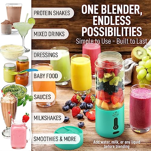 Zulay Kitchen 18 oz Personal Blenders that Crush Ice - USB-C Rechargeable, Cordless Travel Blender - Portable Smoothie Blender On the Go, Frozen Fruits, & Veggies with 6 Sharp Blades (Aqua)