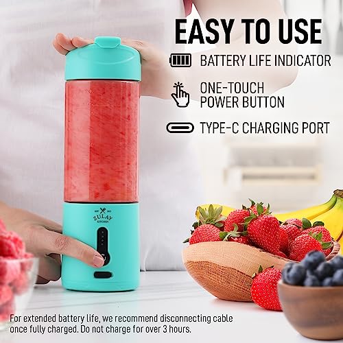 Zulay Kitchen 18 oz Personal Blenders that Crush Ice - USB-C Rechargeable, Cordless Travel Blender - Portable Smoothie Blender On the Go, Frozen Fruits, & Veggies with 6 Sharp Blades (Aqua)