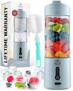 zulay kitchen 18 oz personal blenders that crush ice - usb-c rechargeable, cordless travel blender - portable smoothie blender on the go, frozen fruits, & veggies with 6 sharp blades (light blue)