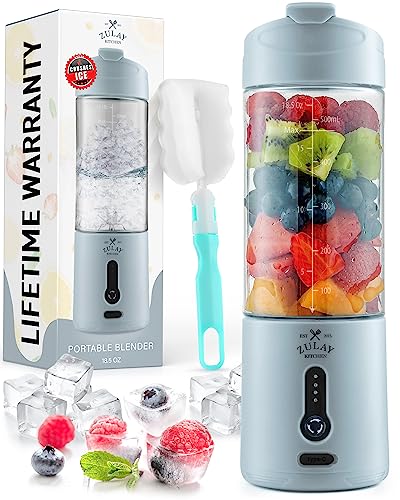 Zulay Kitchen 18 oz Personal Blenders that Crush Ice - USB-C Rechargeable, Cordless Travel Blender - Portable Smoothie Blender On the Go, Frozen Fruits, & Veggies with 6 Sharp Blades (Light Blue)