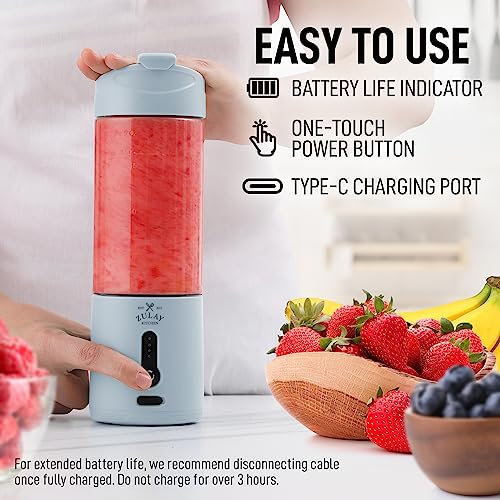 Zulay Kitchen 18 oz Personal Blenders that Crush Ice - USB-C Rechargeable, Cordless Travel Blender - Portable Smoothie Blender On the Go, Frozen Fruits, & Veggies with 6 Sharp Blades (Light Blue)