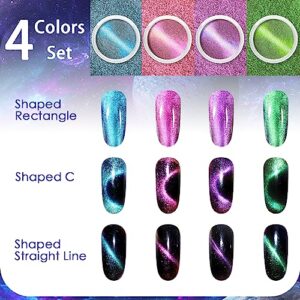 Allstarry Cat Eye Chrome Powder 4 Colors 3D Magnetic Aurora Nail Powder Metallic Pigment Galaxy Effect Glitter Resin Pigment with Magnet Pen for Nail Art Manicure Gel Polish