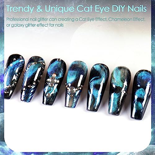 Allstarry Cat Eye Chrome Powder 4 Colors 3D Magnetic Aurora Nail Powder Metallic Pigment Galaxy Effect Glitter Resin Pigment with Magnet Pen for Nail Art Manicure Gel Polish