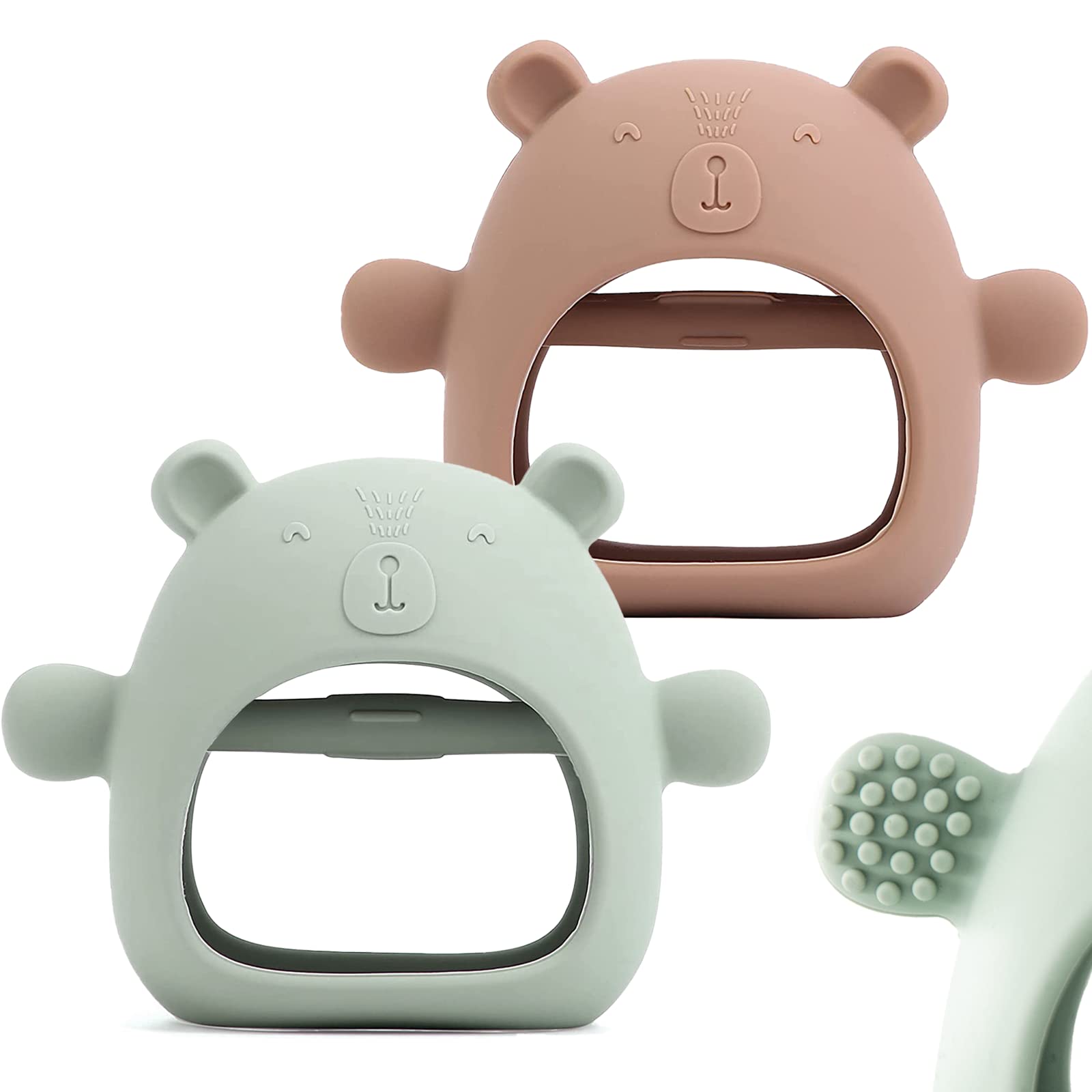 2 Packs Baby Teething Toy Silicone Bear Teething Mitten for Babies Over 3 Months Anti Dropping Wrist Hand Teethers Baby Chew Toys for Sucking Needs, BPA Free