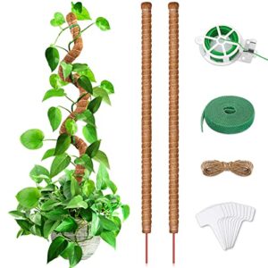 roadplum 2 pack 43.3" moss pole coco coir poles, bendable plant stakes moss pole for plant monstera with twist ties plant ties labels jute rope, plant sticks support for climbing plants growth indoor