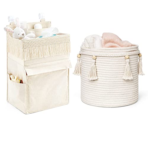 Mkono Diaper Organizer Caddy Macrame Storage Basket Boho Nursery Organizer Set of 2