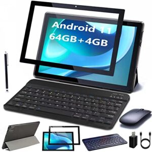 tablet android 11.0 tablet, 2 in 1 tablet 10.1 inch, 64gb rom+4gb ram, cpu 1.8ghz dual 8mp camera, 6000mah battery ips wifi bluetooth tablets pc with keyboard case mouse film stylus tablet computer.