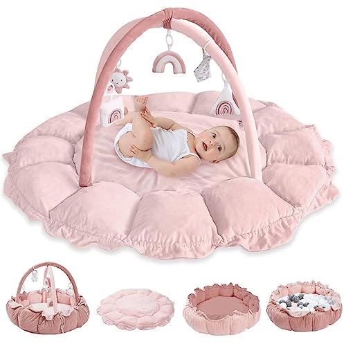 5-in-1 Thick Baby Gym & Ball Pit, Plush Play Gym, Tummy Time Mat, Dog Bed, Cat Bed, Pet Mat, Activity Gym & Play Mat from Baby to Toddler, Pet Cushion, Convertible Stage-Based Developmental, Pink