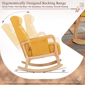 Comfy Rocking Chair with Ottoman, Upholstered Glider Rocker for Baby Nursery, Mid Century Modern Accent Armchair with Side Pocket for Living Room and Bedroom, Yellow Linen