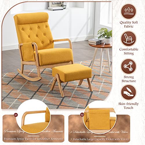 Comfy Rocking Chair with Ottoman, Upholstered Glider Rocker for Baby Nursery, Mid Century Modern Accent Armchair with Side Pocket for Living Room and Bedroom, Yellow Linen