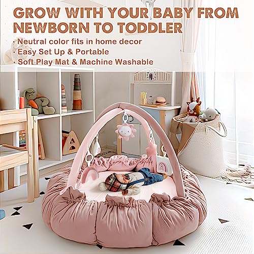 5-in-1 Thick Baby Gym & Ball Pit, Plush Play Gym, Tummy Time Mat, Dog Bed, Cat Bed, Pet Mat, Activity Gym & Play Mat from Baby to Toddler, Pet Cushion, Convertible Stage-Based Developmental, Pink