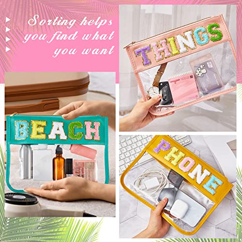 3 Pcs Chenille Letter Clear Zipper Pouch for Travel Waterproof Cosmetic Pouch Clear Snack Bags Nylon Travel Gym Beach Bag Multipurpose Makeup Bag for Women Girl (Candy Color, Beach, Phone, Things)