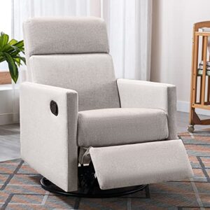merax tan modern soft linen swivel push back rocker recliner w/headsupport adjustable nursery glider chair for living room, bedroom, set of 1
