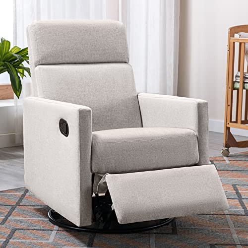 Merax Tan Modern Soft Linen Swivel Push Back Rocker Recliner w/Headsupport Adjustable Nursery Glider Chair for Living Room, Bedroom, Set of 1