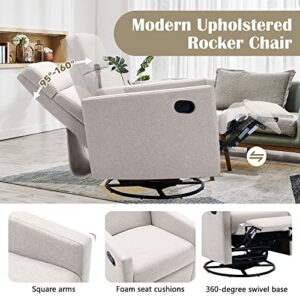 Merax Tan Modern Soft Linen Swivel Push Back Rocker Recliner w/Headsupport Adjustable Nursery Glider Chair for Living Room, Bedroom, Set of 1