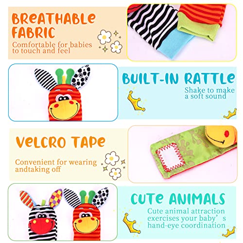 PADONISE Wrist Rattle Foot Finder Socks Set Arm Hand Bracelet Rattle Feet Leg Ankle Socks Newborn Soft Sensory Toy Baby Socks Newborn Wrist Rattles for Babies 0-6 Months Infant Baby Gift 6-12 Months