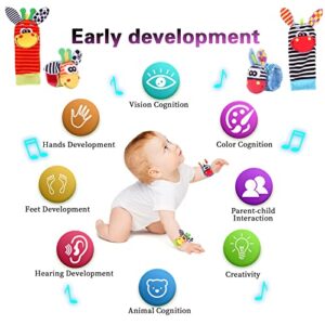 PADONISE Wrist Rattle Foot Finder Socks Set Arm Hand Bracelet Rattle Feet Leg Ankle Socks Newborn Soft Sensory Toy Baby Socks Newborn Wrist Rattles for Babies 0-6 Months Infant Baby Gift 6-12 Months