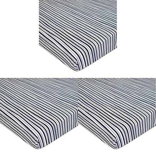 American Baby Company Printed 100% Cotton Jersey Knit Fitted Portable/Mini-Crib Sheet for Boys and Girls, Navy Fun Stripe, 24"x38"(Pack of 3)