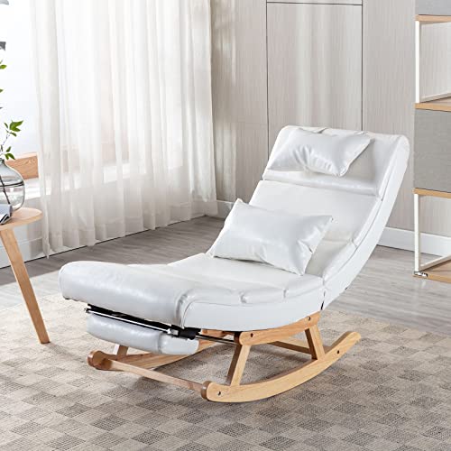 Taiweny Rocking Chair Nursery, PU Leather Upholstered Rocker Recliner Chair with Pillows & Foot Rest, Armless Lounge Chairs Nursing Glider for Living Room Bedroom Office (PU, White)