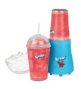 nostalgia kool-aid slush ‘n go personal blender for smoothies, slushies, shakes, and fruit blends, includes two 15 oz travel bottles, cup lid, and reusable straw, blue