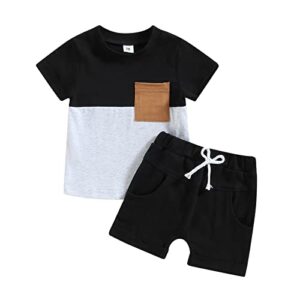 allshope toddler baby boy summer clothes short sleeve contrast color pocket t-shirt tops solid color drawstring shorts outfit set (black, 12-18 months)