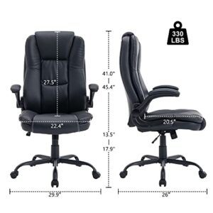 GNMLP2020 Big and Tall Office Chair,High Back Executive Office Chair with Flip-up Armrest,PU Leather Ergonomic Office Chair with Back Lumbar Support,Swivel Rolling Desk Chair with Wheels(Black)