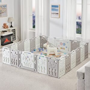 albott baby playpen, upgraded 22 panels foldable baby fence with game panel and safety gate, adjustable shape, portable baby play yards for children toddlers indoors or outdoors (white+grey, 22 panel)