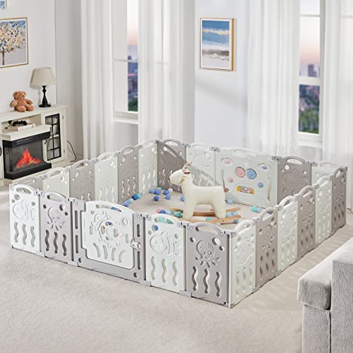 Albott Baby Playpen, Upgraded 22 Panels Foldable Baby Fence with Game Panel and Safety Gate, Adjustable Shape, Portable Baby Play Yards for Children Toddlers Indoors or Outdoors (White+Grey, 22 Panel)