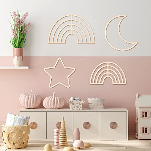 4 Pieces Cloud Wall Decor Boho Nursery Decor Wooden Star Decor Baby Nursery Rattan Moon Wall Decor Wooden Rainbow for Nursery Children Baby Kids Boys Girls Bedroom Decor (Cloud, Rainbow, Moon)