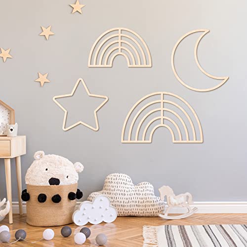 4 Pieces Cloud Wall Decor Boho Nursery Decor Wooden Star Decor Baby Nursery Rattan Moon Wall Decor Wooden Rainbow for Nursery Children Baby Kids Boys Girls Bedroom Decor (Cloud, Rainbow, Moon)