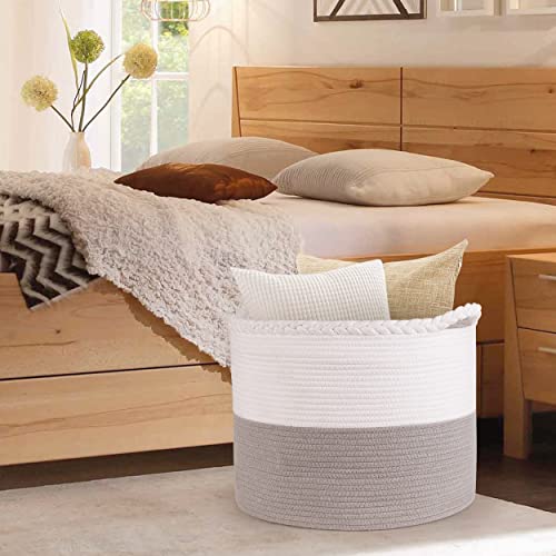 18 x 18 x 14'' Large Cotton Rope Storage Laundry Basket Woven Blanket Storage Basket Collapsible Storage Bins, Decorative Canvas Storage Baskets with Handle for Cloth Dog Toy Clothes Baby Pillows