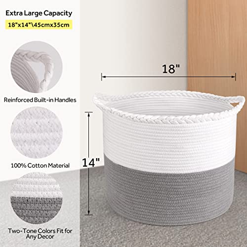 18 x 18 x 14'' Large Cotton Rope Storage Laundry Basket Woven Blanket Storage Basket Collapsible Storage Bins, Decorative Canvas Storage Baskets with Handle for Cloth Dog Toy Clothes Baby Pillows