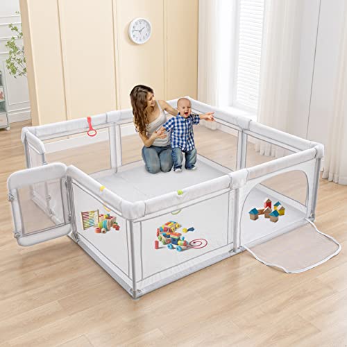 Baby Playpen, 71''x71'' Extra Large Playpens for Babies and Toddlers, Baby Fence with Sturdy Swing Door of Double Lock System, Safety Baby Play Yard with Soft Breathable Mesh (71''x 71''x 27'') Grey