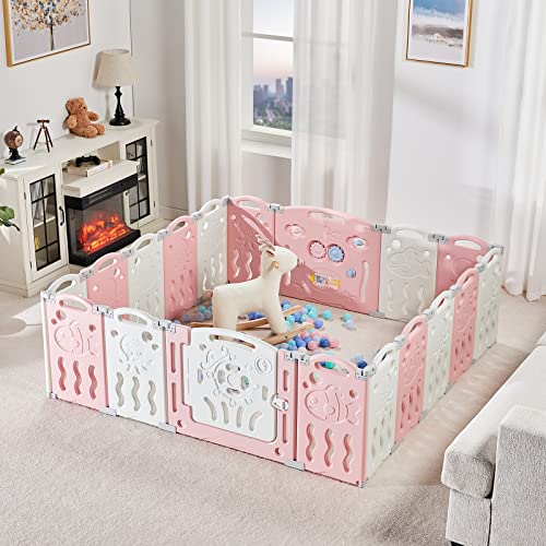 Albott Baby Playpen, Upgraded 18 Panels Foldable Fence with Game Panel and Safety Gate, Adjustable Shape, Portable Play Yards for Children Toddlers Indoors or Outdoors (Pink+White, Panel), 1.0 Sq Ft