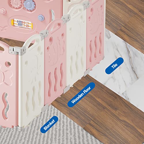 Albott Baby Playpen, Upgraded 18 Panels Foldable Fence with Game Panel and Safety Gate, Adjustable Shape, Portable Play Yards for Children Toddlers Indoors or Outdoors (Pink+White, Panel), 1.0 Sq Ft