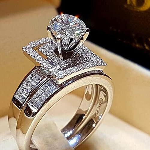 Women Wedding Ring Bridal- Girl 2PC Geometry Rhinestone Cubic Zirconia Bridal Geometry Rhinestone Engagement Ring Full Diamond Zirconia Solitaire Ring for Women Size Promise- Men Mom (SilverE, 7)