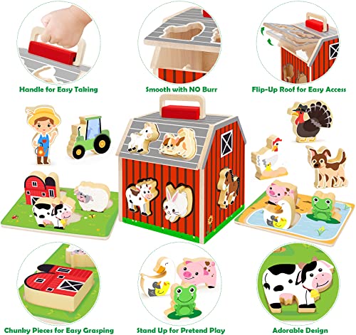 Wooden Farm Animals Toys for 1 2 3 Year Old Girl Boy, Take-Along Sorting Barn Toy with Baby Chunky Puzzles, Montessori Learning Toys for Fine Motor Games, Christmas Birthday Gifts for Toddlers 1-3