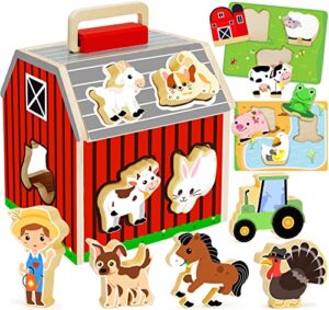 wooden farm animals toys for 1 2 3 year old girl boy, take-along sorting barn toy with baby chunky puzzles, montessori learning toys for fine motor games, christmas birthday gifts for toddlers 1-3