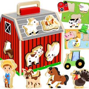 Wooden Farm Animals Toys for 1 2 3 Year Old Girl Boy, Take-Along Sorting Barn Toy with Baby Chunky Puzzles, Montessori Learning Toys for Fine Motor Games, Christmas Birthday Gifts for Toddlers 1-3