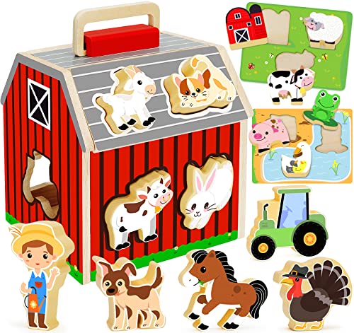 Wooden Farm Animals Toys for 1 2 3 Year Old Girl Boy, Take-Along Sorting Barn Toy with Baby Chunky Puzzles, Montessori Learning Toys for Fine Motor Games, Christmas Birthday Gifts for Toddlers 1-3