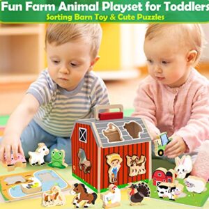 Wooden Farm Animals Toys for 1 2 3 Year Old Girl Boy, Take-Along Sorting Barn Toy with Baby Chunky Puzzles, Montessori Learning Toys for Fine Motor Games, Christmas Birthday Gifts for Toddlers 1-3