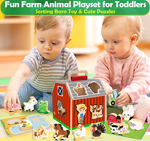 Wooden Farm Animals Toys for 1 2 3 Year Old Girl Boy, Take-Along Sorting Barn Toy with Baby Chunky Puzzles, Montessori Learning Toys for Fine Motor Games, Christmas Birthday Gifts for Toddlers 1-3